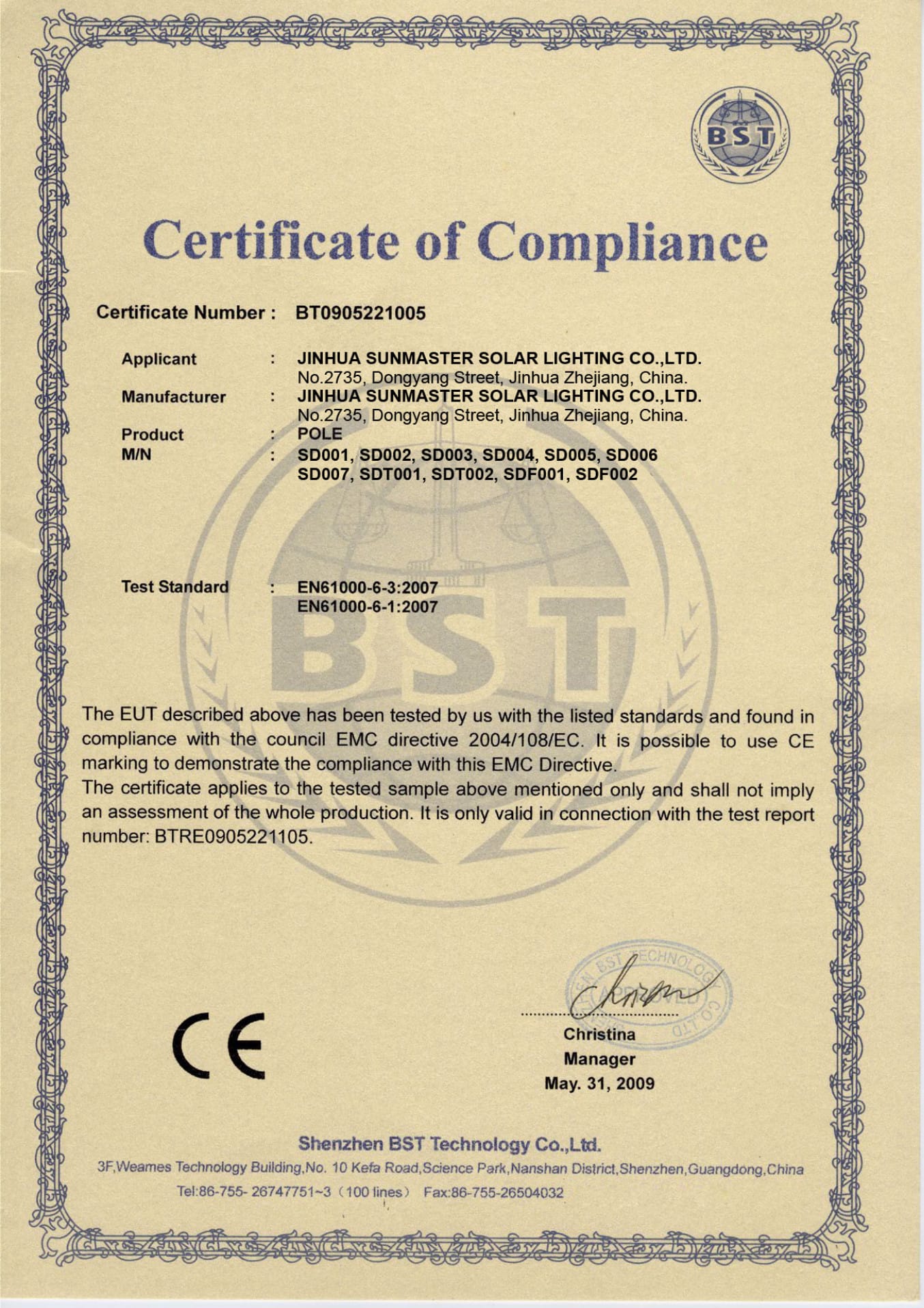 04-CEpole Certificados Sistemas de Iluminación Solar SunMaster