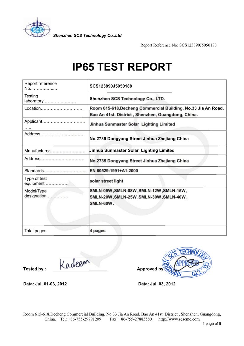 IP-65 Solar lights certificates